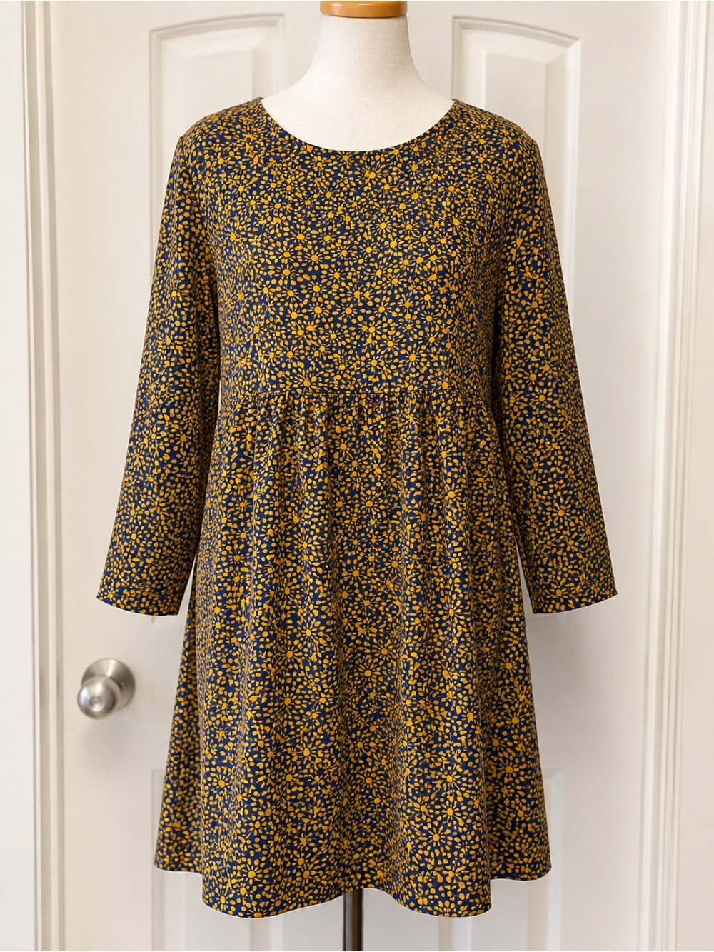 Navy & Mustard Floral Babydoll Mini Dress Long Sleeve Boho Cottagecore